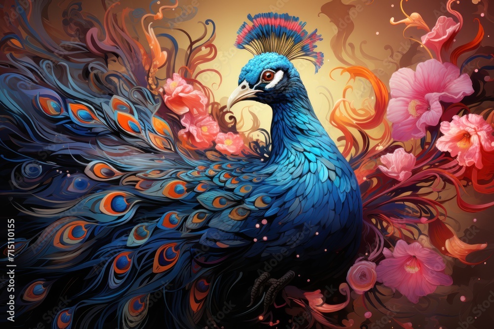  a painting of a peacock with colorful feathers and flowers on a brown background with a pink flower in the foreground.