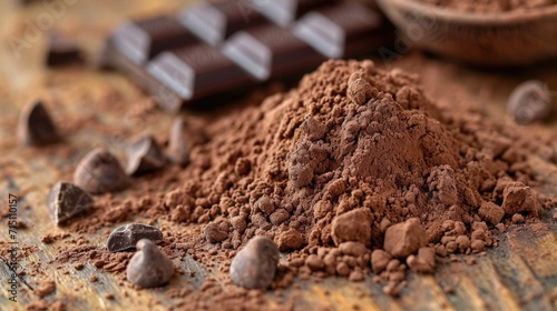 Rich cocoa powder and chocolate pieces in a rustic style