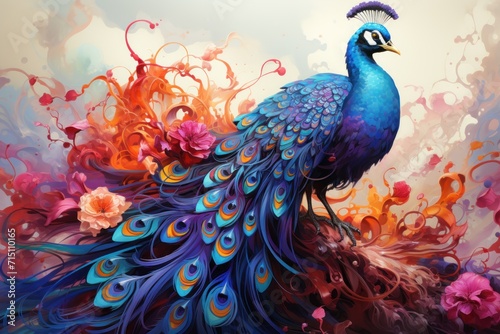  a painting of a peacock with colorful feathers and flowers on a white and blue background with pink, red, orange, and pink flowers. © Nadia