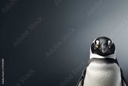  a close up of a penguin with a black and white head and a black and white body and a gray background. photo