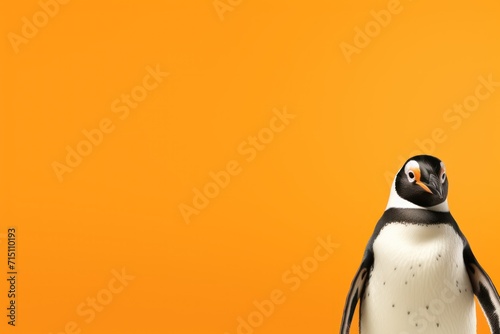  a black and white penguin standing in front of an orange background with a black spot on it's face. © Nadia