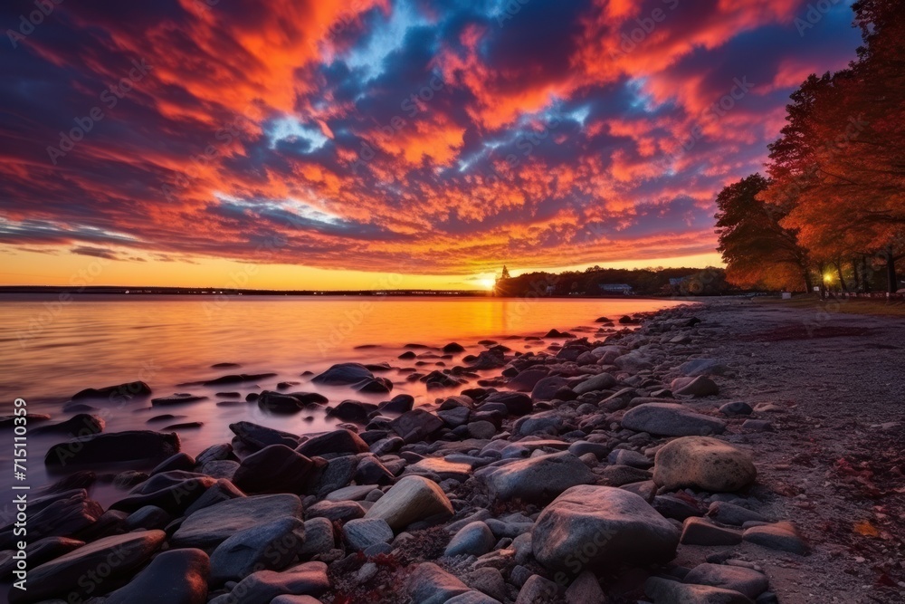 a sunset over a body of water with rocks in the foreground and trees on the other side of the water. a sunset over a body of water with rocks in the foreground and trees on the other side of the water.