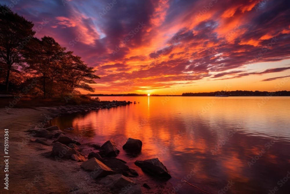 a sunset over a body of water with rocks in the foreground and trees on the other side of the water. a sunset over a body of water with rocks in the foreground and trees on the other side of the water.