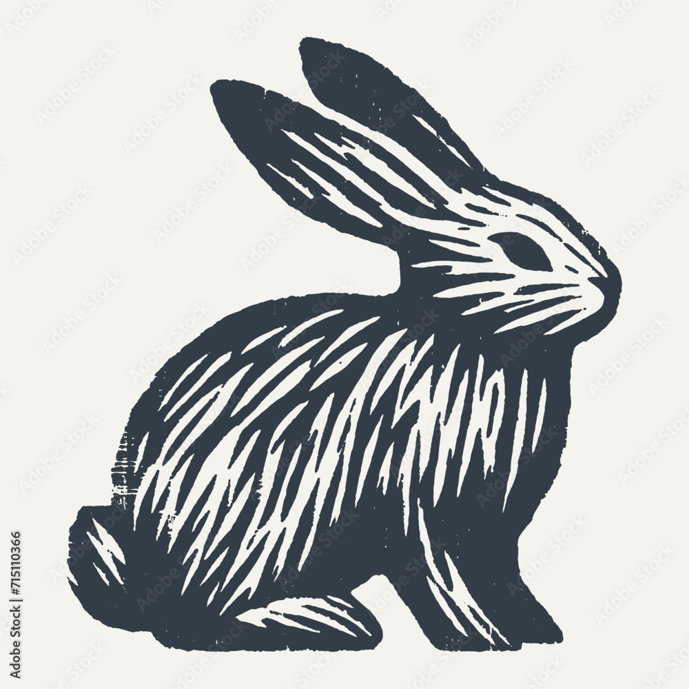 Obraz premium Sitting bunny. Vintage block print style grunge effect vector illustration. Black and white.