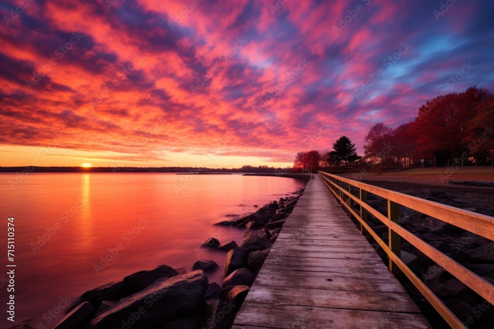  a wooden dock sitting on top of a body of water under a purple and blue sky with a sunset in the background.