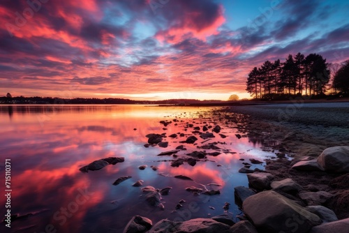  a sunset over a body of water with rocks in the foreground and trees on the other side of the water.