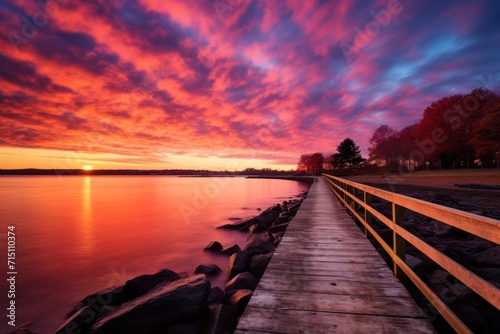  a wooden dock sitting on top of a body of water under a purple and blue sky with a sunset in the background.