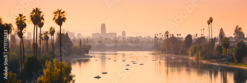 Tranquil Sunset over Echo Park Lake with Swan Boats Docking-Palm Trees Silhouetted against LA Skyline