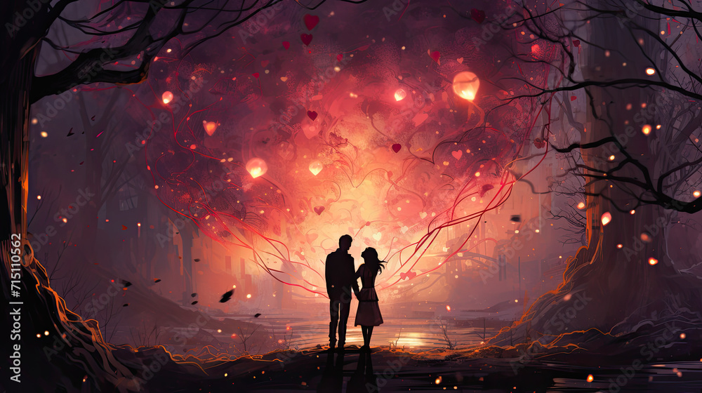 an illustration of a couple in love in a magical forest - obrazy, fototapety, plakaty 