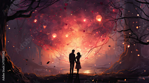 an illustration of a couple in love in a magical forest