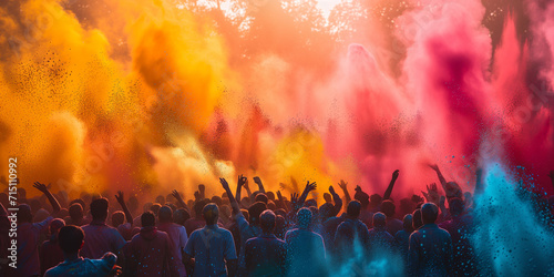 Happy Holi. Indian holiday. Exuberant crowd celebrating Holi with bursts of colorful powders in the air
