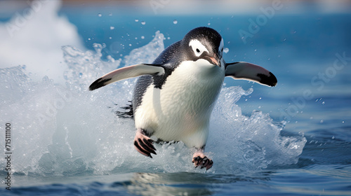 a penguin running through the water
