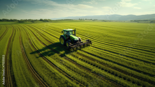A tractor cultivates the land  spring work on a green field