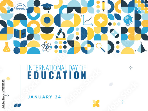 Vector International Day of Education poster with geometric elements and learning symbols. Geometric Template for Banner, Flyer, Greeting, Card, Cover
