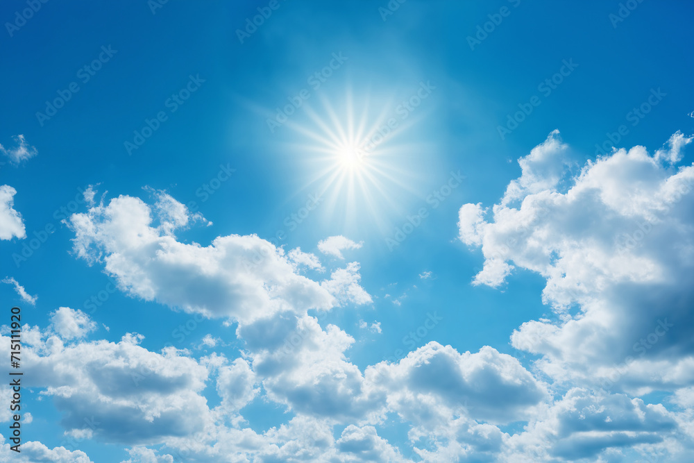 beautiful blue sky with white cumulus clouds and sun for abstract background