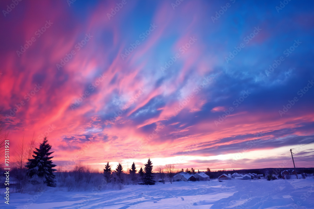 beautiful sunset sky with pink clouds over winter village for abstract background
