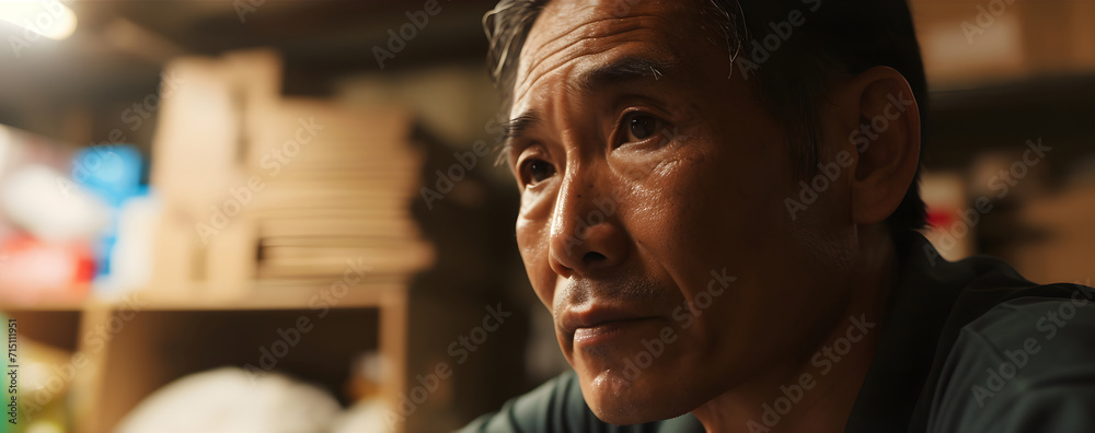 Asian man, close-up portrait with details of his face