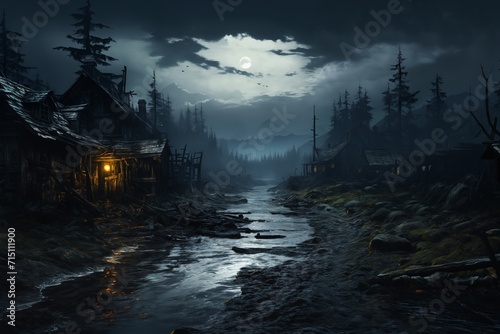 landscape, a hut in night forest, dark dramatic sky and river