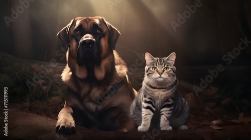 A cat and a dog stand side by side for a studio portrait