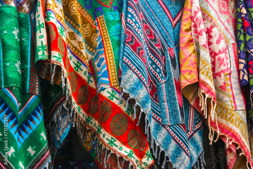 New Delhi, India. Beautiful scarves for sale at street gift store on the Main Bazaar (Paharganj).