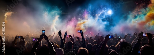 Crowd listen to a DJ at a dance music festival, electronica, techno, garage, house with pink and blue smoke photo