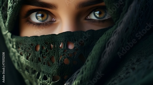 Closeup of an attractive woman with greeny blue eyes with her face covered photo