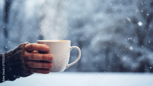 Cup of hot coffee with steam, held by cold hand with snowy background.  photo