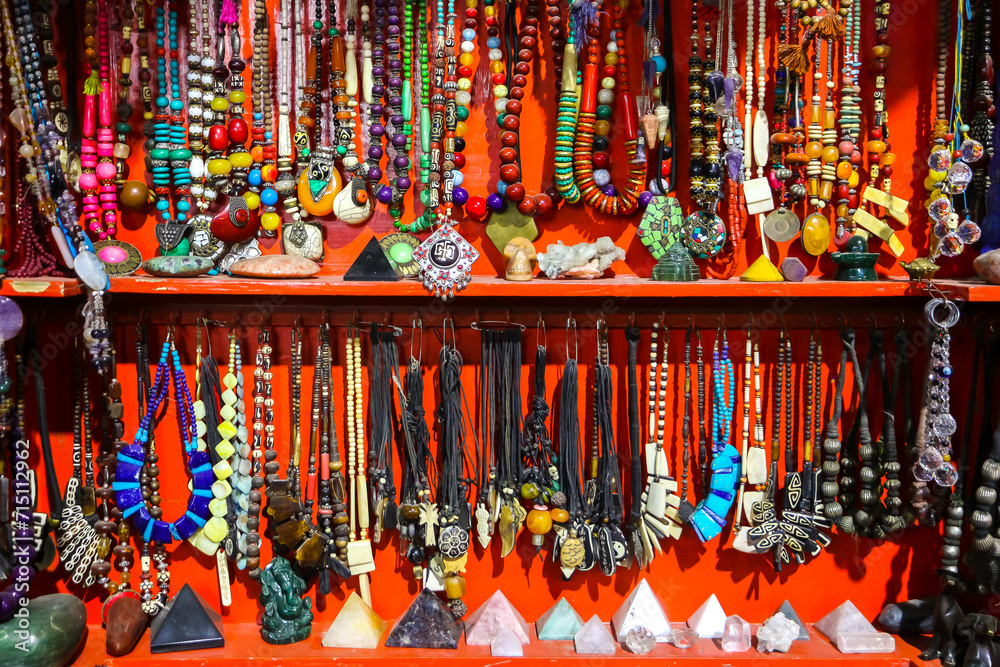 Puttaparthi, India. Indian traditional handicraft (glassbeads) on the street market.