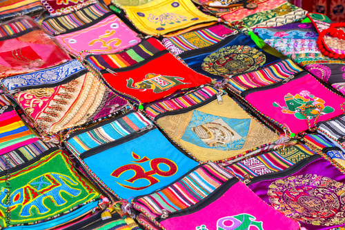 Puttaparthi, India. Bags on the street market in Puttaparthi.