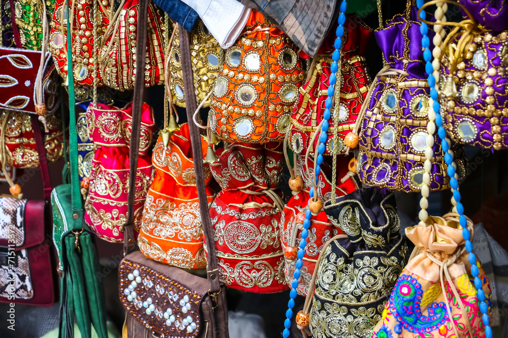 Puttaparthi, India. Bags on the street market in Puttaparthi.