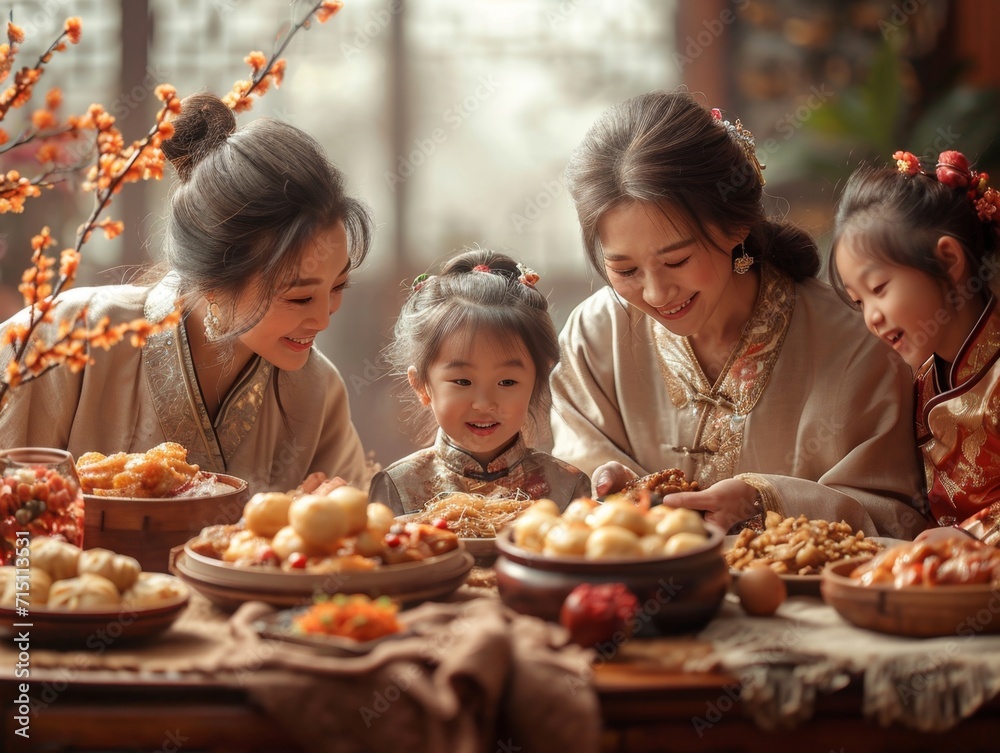 Family Reunion Dinner: Image: A warm and inviting scene of a family reunion dinner with an abundance of traditional Chinese New Year dishes Family Reunion Dinner: Image: A warm and inviting scene of a family reunion dinner with an abundance of traditional Chinese New Year dishes