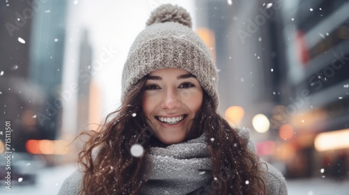 Close-up of a happy woman, wearing knitted hat and scarf, while Snow is falling with blurred city buildings in the background