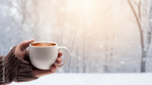 Cup of hot coffee with steam, held by cold hand with snowy background.  photo