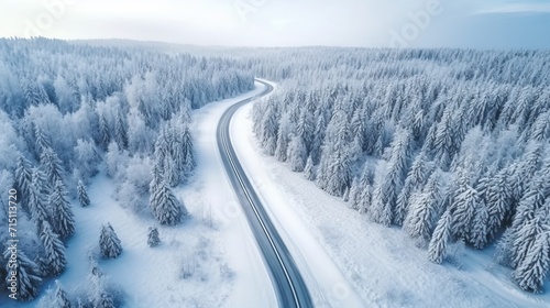 Winter snowy view of remote country road, surrounded by forest and hills