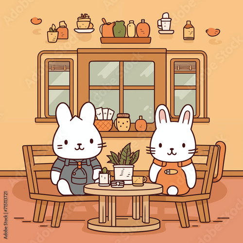 Adorable Cartoon Rabbits Enjoying a Peaceful Tea Time at Home