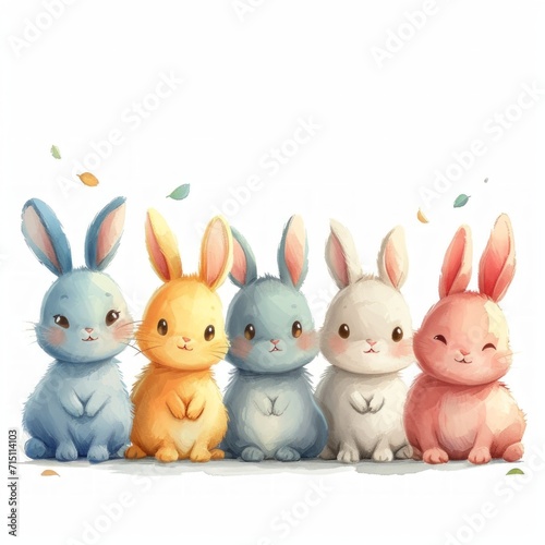 Easter bunnies in a row, in pastel colors illustration. Watercolor style. Cute Easter bunny with abstract flowers pattern inside. 