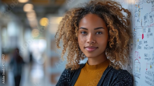 Young american executive manager businesswoman writing strategy ideas on sticky notes