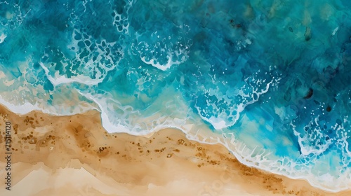 Beautiful beach with blue sea and waves on the sand seen from above. abstract watercolor painting Top down aerial view. water wave on the beach