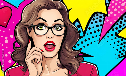 Wow pop art female face. sexy surprised woman in glasses with open mouth and brunette hair. colorful background in comic retro pop art style. horizontal. copy space.