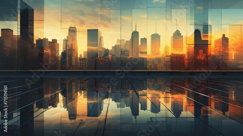 A city skyline at sunset with warm hues reflecting off glass buildings photo