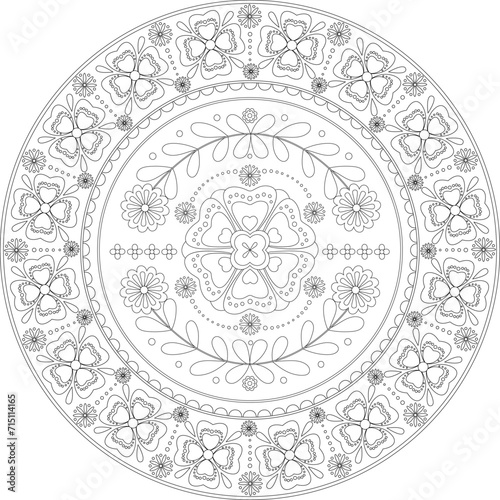 Embroidery floral mandala template,coloring page.Ornamental round doodle illustration, Black outline floral mandala,Linear Folk art
