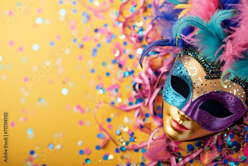 A vibrant carnival mask against a colorful confetti-strewn backdrop photo