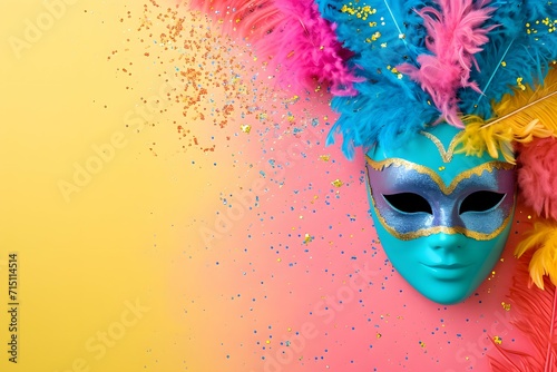 A vibrant carnival mask against a colorful confetti-strewn backdrop © Rax Qiu