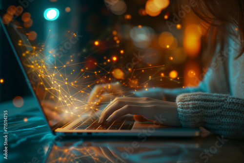 the person typing on her laptop with information coming up from it, in the style of bokeh panorama, shaped canvas, intertwined networks, luxurious, weathercore, commission for, light-focused photo