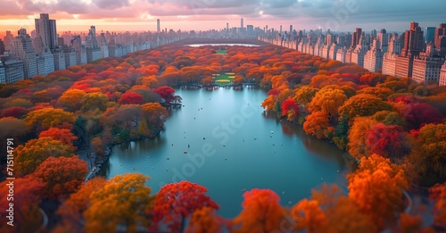 aerial shot of central park surrounded by buildings. landscape with lake and trees