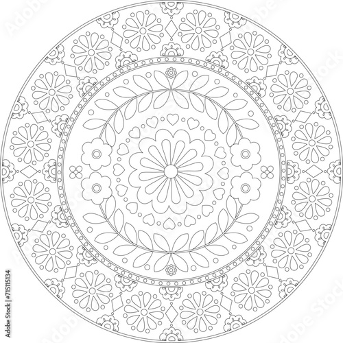 Folk Scandinavian floral ornament in round frame illustration, Black outline mandala, embroidery template, coloring page. photo