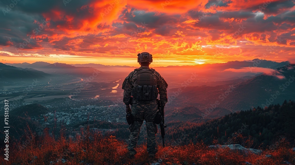 Silhouettes of army soldiers in the fog against a sunset, marines team in action Silhouettes of army soldiers in the fog against a sunset, marines team in action