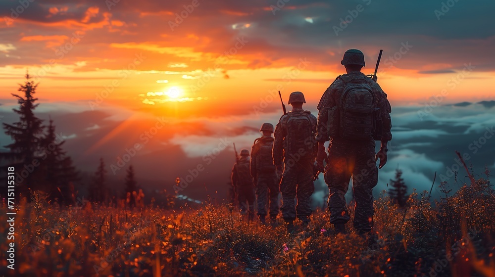 Silhouettes of army soldiers in the fog against a sunset, marines team in action