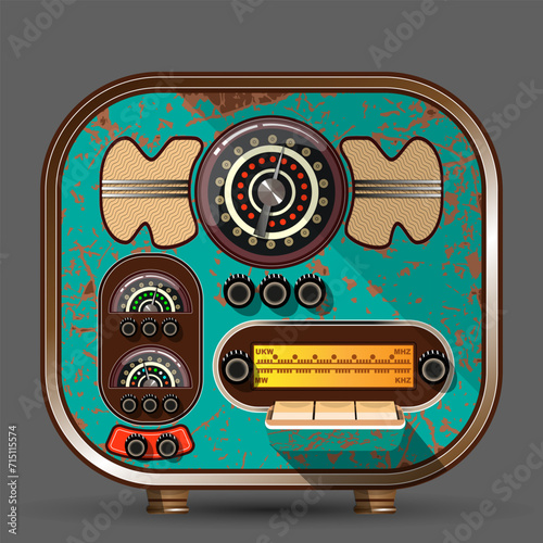 Large retro-style radio with buttons, knobs and a dashboard. Vector illustration