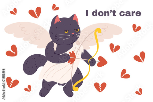 Grumpy cupid cat flying in a white cloth, holding arrow and bow in paw with wings behind him. Annoyed character who doesn't like Valentine's Day And Text - I Don't care.